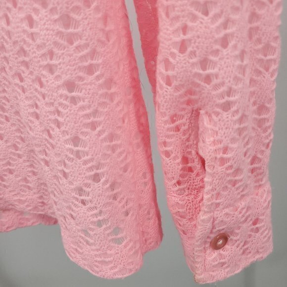 VTG 60s/70s Pink Open-Knit Button Shirt W/Dagger Collar  M/L Halloween Disco Mod - Picture 12 of 15